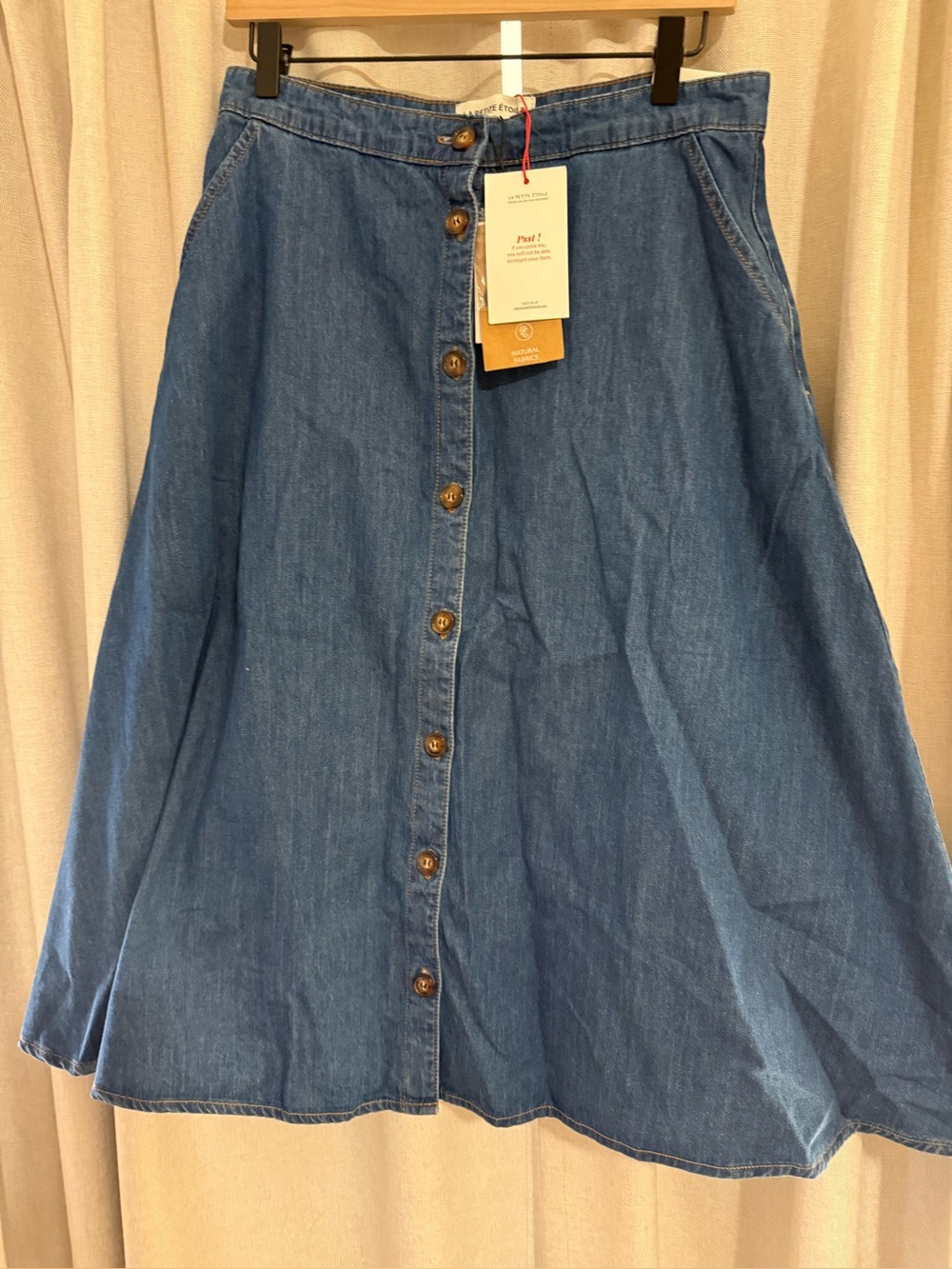 La Petite Etoile Classic Button-Front Blue Denim Midi Skirt 40 M